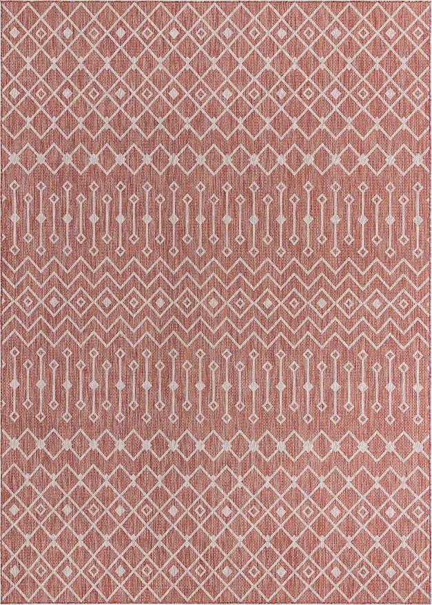Unique Loom Outdoor Trellis Collection Area Rug - Tribal Trellis (10' x 14' 1" Rectangle, Rust Red/ Ivory)