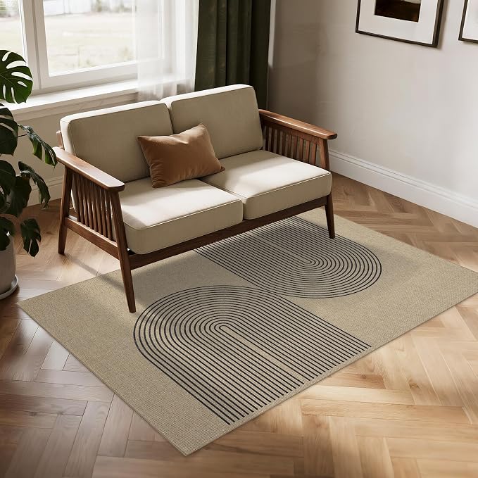 Easy Jute Rug 4x6 Outdoor: Natural Modern Area Rugs for Patio Porch Deck Linen-Look Fabric Durable - Neutral Washable Carpet for Entryway Living Room Bedroom Indoor Non Slip - Black Stripes