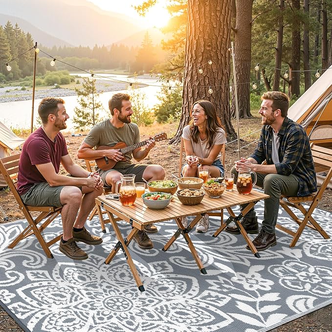 Findosom Waterproof Outdoor Rug 8' x 10' - Reversible Mandala Outdoor Plastic Straw Rug, Durable Foldable Patio Rug for RV, Deck, Balcony, Backyard, Picnic, Porch, Camping, Beach, Gray