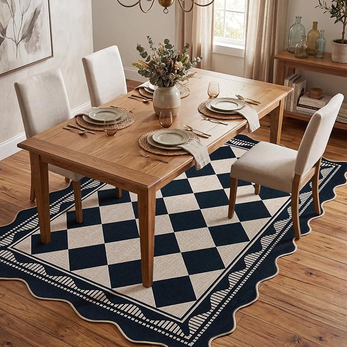 Garvee Easy Jute 8x10 Area Rug Scalloped Rugs for Living Room，Black/White | Indoor Outdoor Washable Rugs for Bedroom Non Slip Stain Resistant Low Pile Throw Rug for Dining Room Nursery