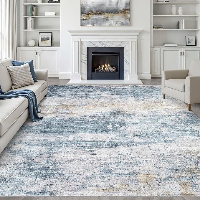 LOONGRUG 9x12 Area Rug Washable Neutral Modern Living Room Rug Blue Gold | Abstract Soft Stain Resistant Indoor Non-Slip Carpet for Bedroom Nursery Kids Office Playroom Dining Room