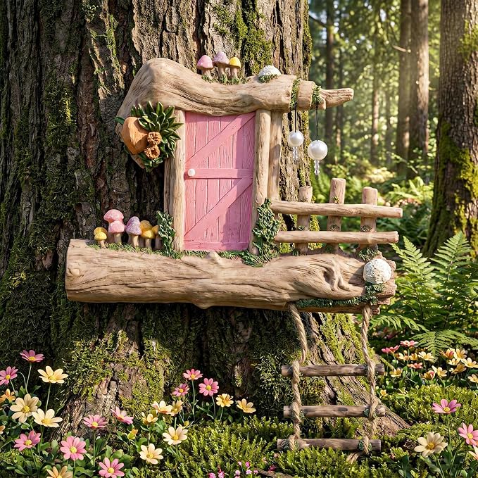 Sliner Fairy Door for Trees Outdoor Resin Fairy Garden Door Accessories with Pearl & Crystal Hanging Accents Miniature Gnome House for Garden Wall Outdoor Decorations Tree Trunk (Pink)