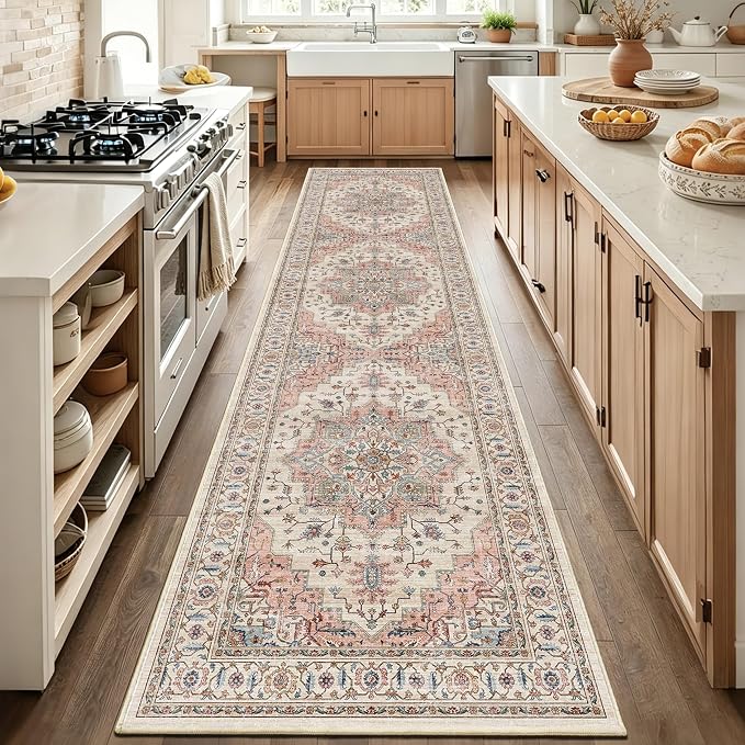 3x12 Vintage Runner Rug Low Pile Non-Slip Washable Hallway Rug | Retro Distressed Print Rug Non-Shedding Beige Pink Carpet Stain Resistant Long Rug for Hallway Kitchen Bedroom Laundry Room