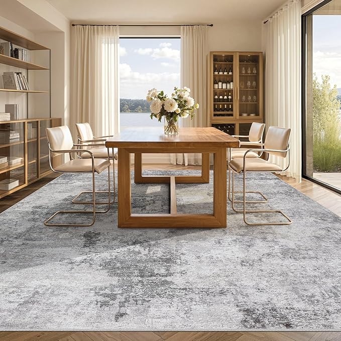 Tortania Washable 8x10 Area Rug for Living Room: Modern Abstract Neutral Large Soft Thin Rugs - Non Slip Indoor Carpet for Bedroom Dining Room Office Nursery Home Floor Decoration - Smoky Gray