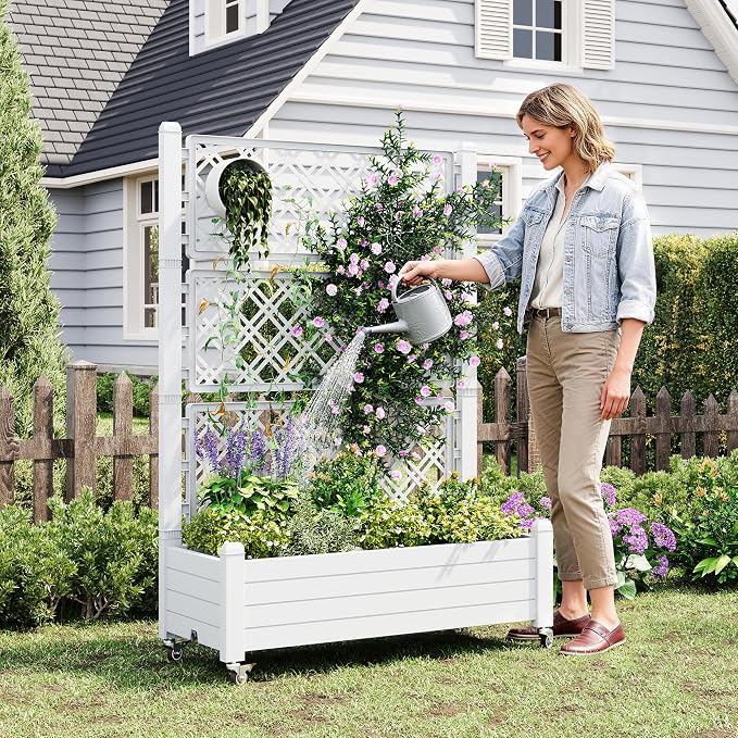 Elevated Raised Garden Bed with Wheels,Medium Ashen-61.2" h | Resin Planter Box with Drainage Holes, Water Monitor, Wheels for Garden Patio Backyard