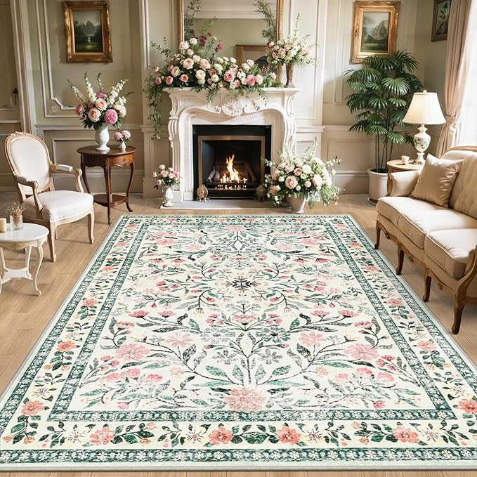 PLHXFR 8x10 Area Rug Living Room: Floral Washable Boho Carpet Green Beige | For Bedroom Dining Room Farmhouse Nursery Hallway,Vintage Floral,Machine washable,Non Slip,Stain Resistant,Large Indoor