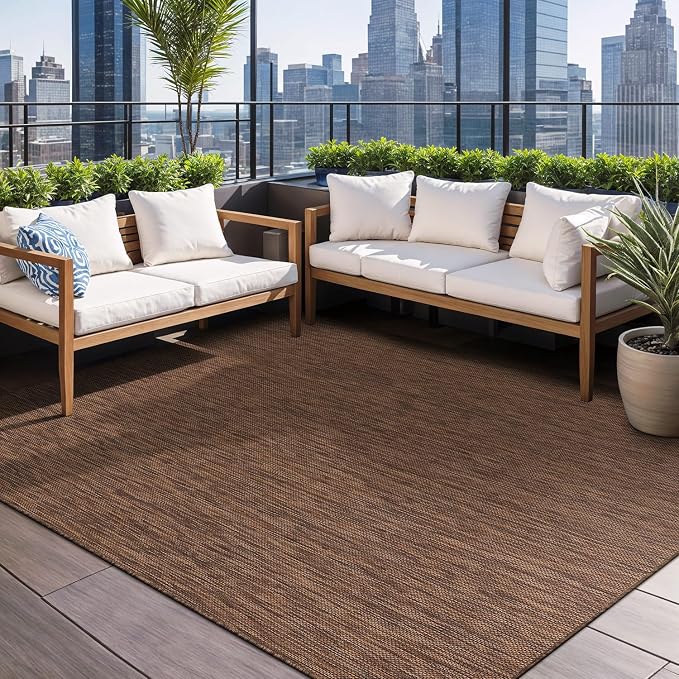 Beverly Rug Indoor Outdoor Rug 10x14, Washable Outside Carpet for Patio, Deck, Porch, Solid Modern Area Rug, Water Resistant, Gold Brown