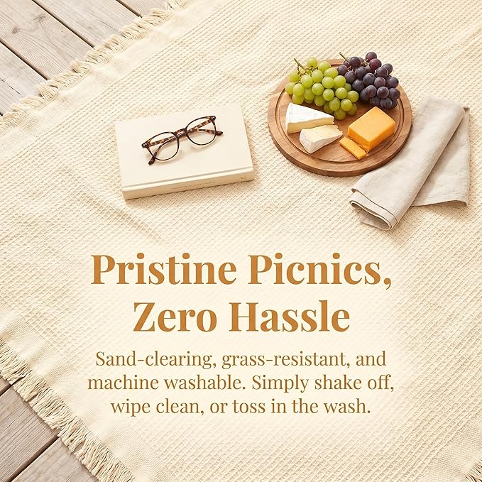 70"x 70" Picnic Blanket Extra Large,Layer Outdoor Blanket for 5 to 7 Adults,Camping Grass Lawn Park Accessories Cute Couple Gifts Ideas Wedding Registry for Park, Beach (Cream)
