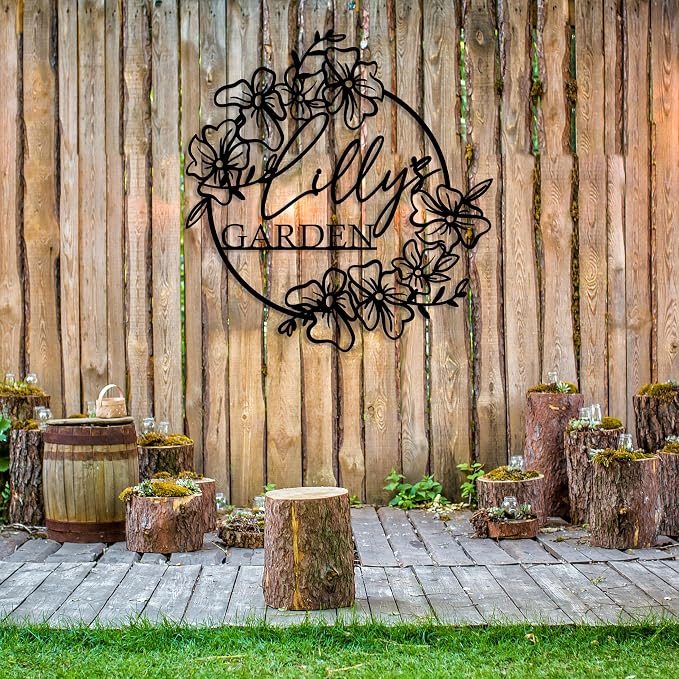 Your Name Metal Hanging Garden Sign, Flower Design Garden Art, Custom Garden Wall Art, Personalized Gift, Outdoor Custom Decor, Gardening Sign, Custom Name Sign, Unique Yard Art