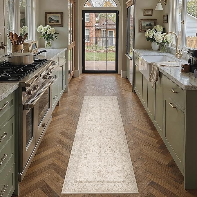 2x8 Beige Neutral Kitchen Runner Rug | Washable, Low Pile, Accent, Vintage, Soft, Non Slip, Carpet for Bathroom Hallway Bedroom Nursery Indoor Home Decor