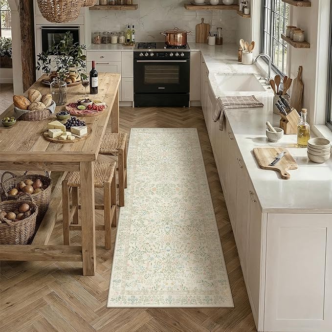 2x6 Light Green Floral Runner Rug Vintage Farmhouse Style | Washable, Non Slip, Soft Low Pile, Hallway Carpet for Kitchen, Entryway, Laundry Room, Botanical Decor