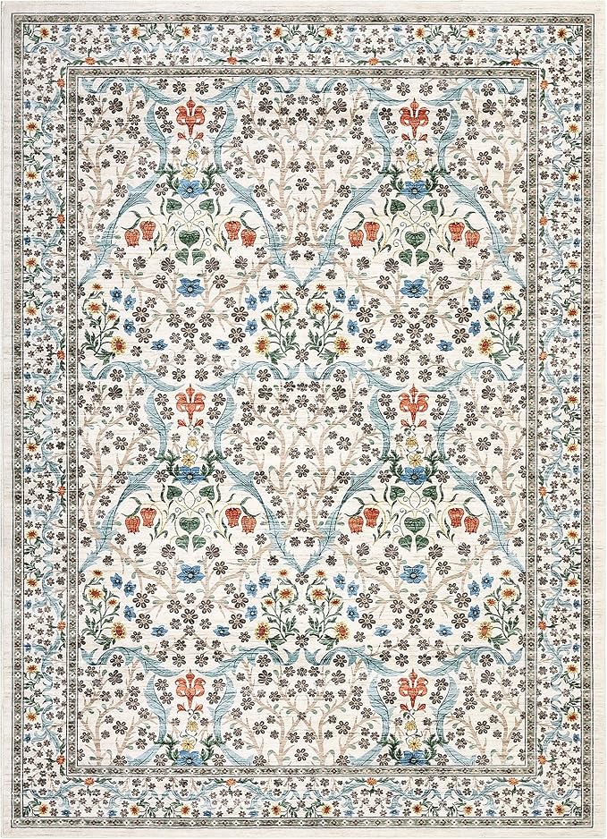 GarveeHome Beige Floral 8x10 Washable Area Rug for Living Room Bedroom | Vintage Washable Low-Pile Non-Slip Carpet Soft Stain Resistant Rugs for Large Room Botanical Boho Rug TPE Backing