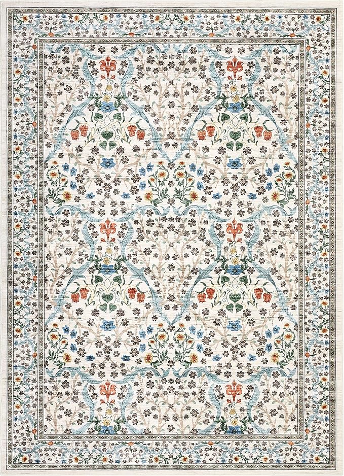 GarveeHome 6x9 Washable Area Rug for Living Room, Floral Dining Room Rugs for Under Table, Low Pile Non-Slip Stain Resistance Floor Carpet for Bedroom, Beige