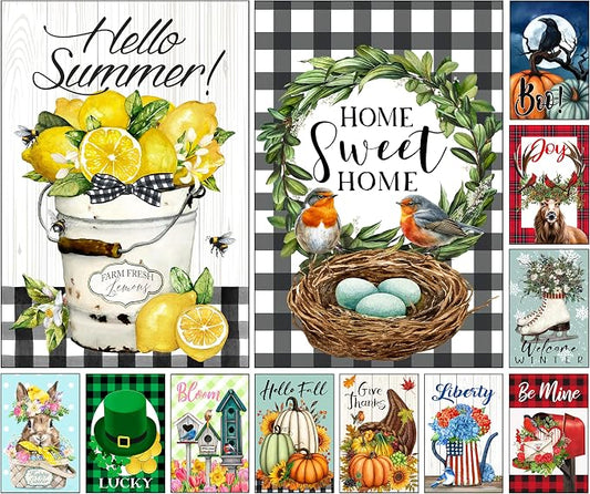 Double Sided Seasonal Garden Flags - Yard Flags Made of 100D Polyester - 12 Holiday Design Flags for All Seasons - Spring, Winter, Christmas, Thanksgiving - 12.75x18.5 Inch (Without Flagpole)