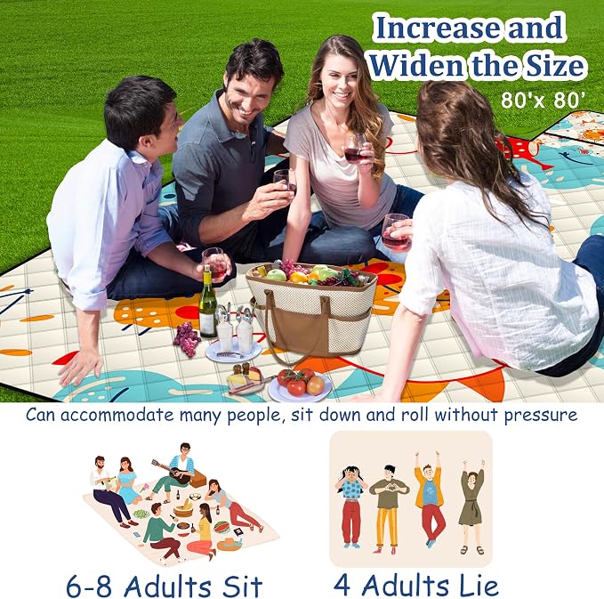 Poedist Extra Large Picnic Blanket Waterproof,80"x 80"Foldable Machine Washable Beach Blanket,Outdoor Blanket for 6-8 Adults,Suitable for Indoor Crawling,Park Beach,Camping,Hiking,Family Travel(Sun)
