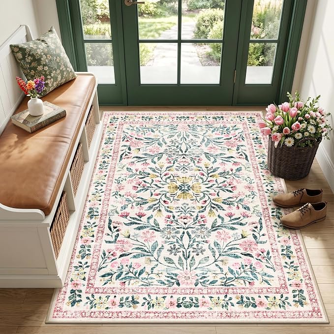 PLHXFR Area Rug Living Room: 3x5 Floral Washable Boho Carpet Pink Green | For Bedroom Dining Room Farmhouse Nursery Hallway,Vintage Floral,Machine washable,Non Slip,Stain Resistant,Large Indoor