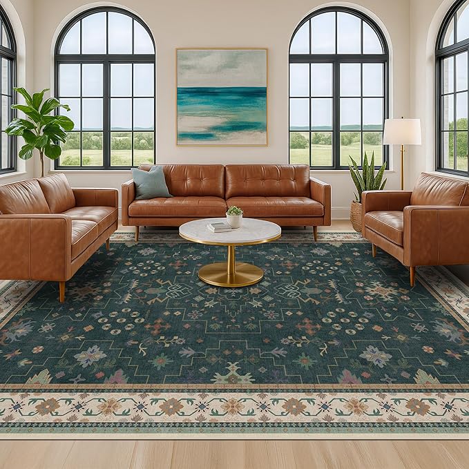 Dark Green Oushak Living Room Rug 10x12 - Modern Vintage Boho Eclectic Floral Pastel, Washable Low Pile Non-Slip Extra Large Area Rugs for Dining Under Table Bedroom Lounge