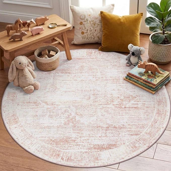 Latte&Fog 4ft Pink Round Area Rug for Girl Bedroom Washable Cute Circle Rug | Non Slip Low Pile Soft Floral Small Carpet for Kids Playroom Nursery Classroom Dorm Decor Dining Kitchen Farmhouse Office