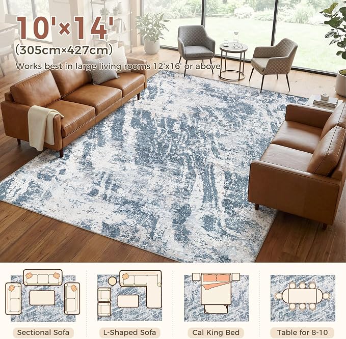 DMOYEST 10x14 Area Rug for Living Room Washable Abstract Indoor Carpet | Neutral Modern Low Pile Rugs Kid & Pet Friendly Large Soft Thin Carpet for Bedroom Dining Room and Office - Blue Light