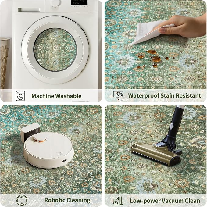 Ciicool Green Vintage Boho 2x8 Hallway Runner Rug Non-Slip Washable Kitchen Rugs Floral Soft Low Pile Long Carpet for Entryway Bedroom Laundry Bathroom