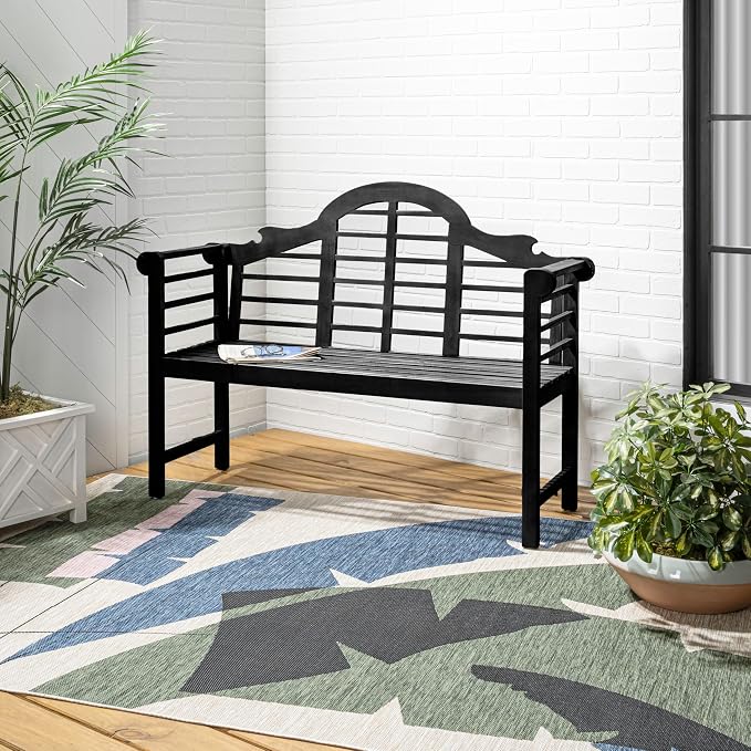 JONATHAN Y Lutyens 51" Acacia Wood Outdoor Bench, 2-Person Garden Bench with Arched Slatted Back and Armrests for Patio, Porch, Backyard, 600 lbs Capacity, Black Finish BNH103C