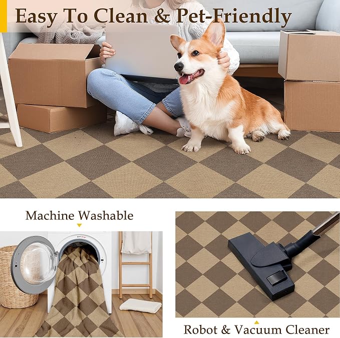 PureCozy 8x10 Checkered Easy Jute Area Rug for Living Room Large Checkerboard Washable Indoor Outdoor Carpet Farmhouse Patio Office Mat Geometric Non Slip Brown Carpet for Backyard Dining Room