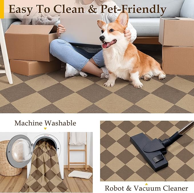 PureCozy 3x5 Checkered Easy Jute Outdoor Patio Rug Washable Area Rugs for Living Room Entryway Diamond Indoor Outdoor Mat Farmhouse Neutral Non Slip Brown Door Carpet for Backyard Bedroom