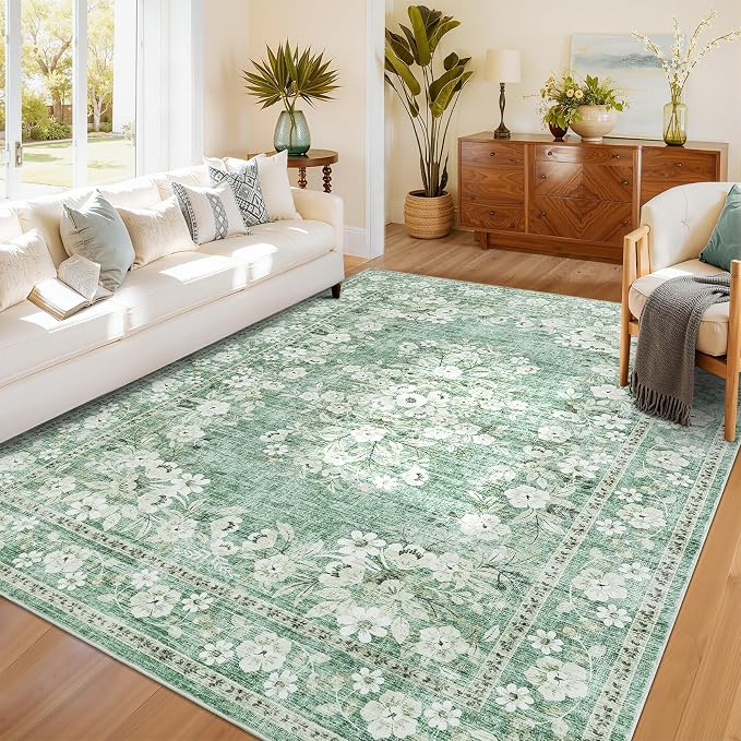 GarveeHome 9x12 Washable Rug for Luxury Living Room Leaf Flower Rugs | Vintage Floral Bordered Carpets for Large Guest Room Non-Slip Low Pile Distressed Botanical Sage Green Area Rug for Office
