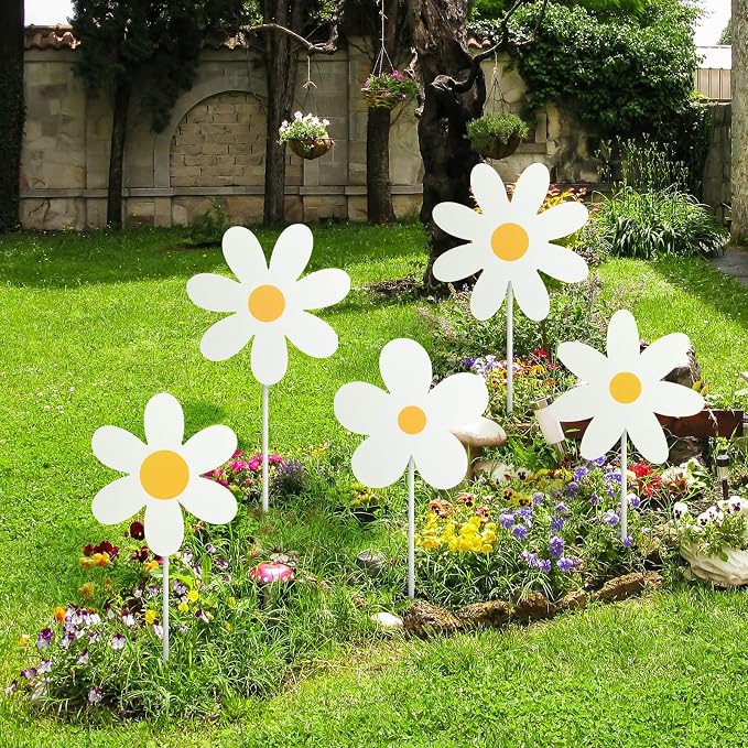 5 Pcs Daisy Yard Decorations Outdoor Metal Summer Daisy Yard Signs with Stakes Groovy Boho Flower Decorative Lawn Signs for Indoor Outdoor Garden Pathway Walkway Summer Holiday Party Decor
