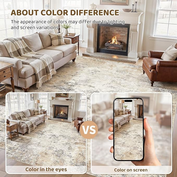 UERMEI 11x14 Area Rug Living Room Rugs - Washable Neutral Modern Abstract Soft Thin Large Rug Indoor Floor No Slip Rug Carpet for Bedroom Under Dining Table Home Office Decor - Golden Grey