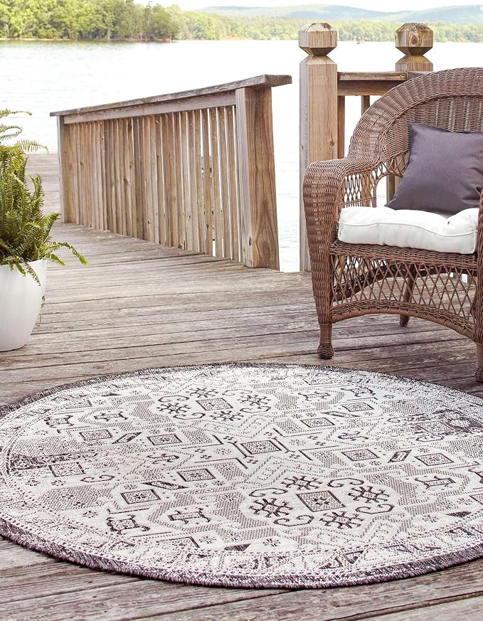 Unique Loom Outdoor Aztec Collection Area Rug - Coba (12' Round Charcoal Gray/Ivory)