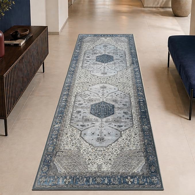 Keen Home Design Vintage Washable Runner Rug, Non-Slip Low Pile, 2x12 | Machine Washable Cotton Chenille, 0.25In Low Pile, Rubber Non-Slip Back; Hallway, Kitchen, Dining Room, Entryway