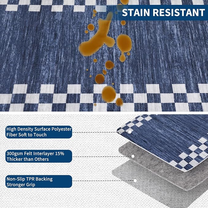 GarveeHome Hallway Runner Rug 2x6 Scalloped Washable Rug for Kitchen Entry | Non Slip Stain Resistant Modern Border Throw Floor Carpet Long Runner Mat for Bathroom Living Room Bedside, Blue