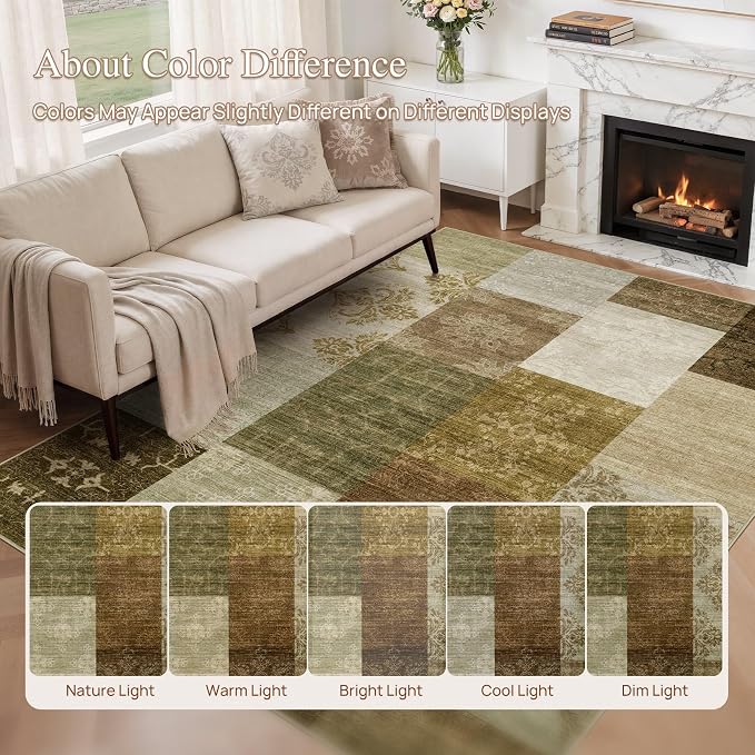 UERMEI 6x9 Area Rug for Living Room - Washable Neutral Modern Abstract Carpet, Non-Slip Soft Large Indoor Floor Rugs for Bedroom Home Office & Under Dining Table Decor, Brown/Green