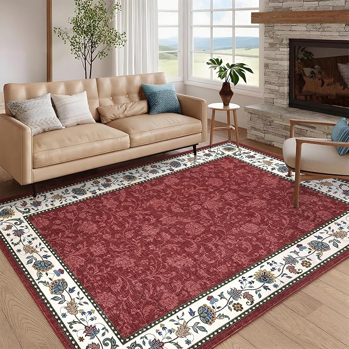Garvee 8x10 Vintage Floral Washable Rugs for Living Room Bedroom Rug | Red Boho Border Area Rug Stain Resistant Easy Cleaning Throw Rugs Low Pile Floor Cover for Nursery Dining Room Apartment