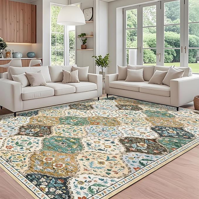 ROYHOME Area Rug 10x13 Extra Large Rug Trellis Machine Washable Rug | Stain Resistant Non-Slip Carpet for Living Room Farmhouse Vintage Distressed Floral Floor Cover for Bedroom, Beige/Taupe