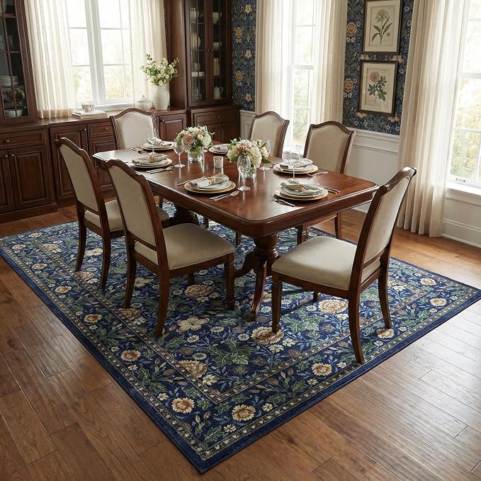 GarveeHome Washable Area Rug 6x9, Soft Vintage Floral Bedroom Rug Non Slip Low Pile Forest Green Carpet Stain Resistant Retro Navy Throw Rug for Bedside Kids Room Office Dining Room