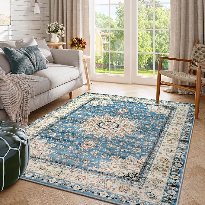 Lahome Felice Oriental Floral Medallion Area Rug - 5x7 Large Blue Distressed Living Bedroom Rug, Non-Slip Machine Washable Low-Pile Dining Room Mat Indoor Accent Carpet for Entryway Office Home