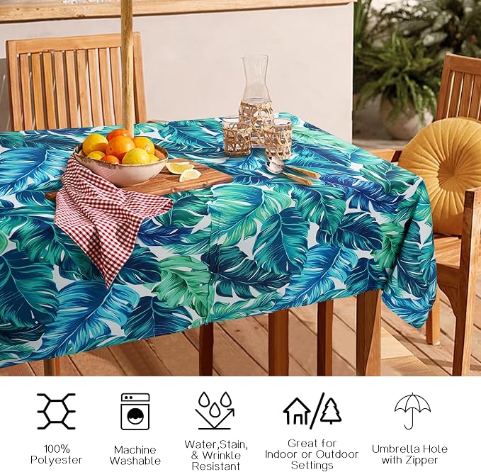 Outdoor Tablecloth with Umbrella Hole and Zipper, Rectangle Patio Table Covers for Spring/Summer, Machine Washable Outdoor Picnic Table Cloth (Palm Leaves, 60" × 84" Rectangular)