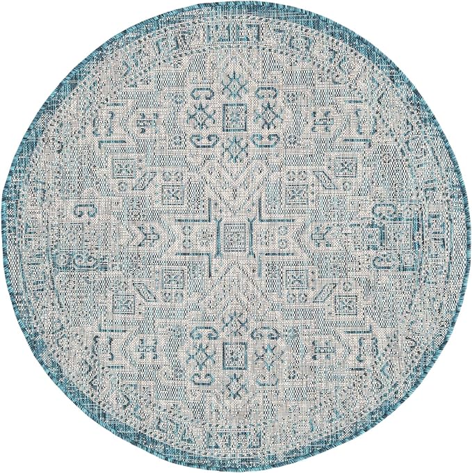 Unique Loom Outdoor Aztec Collection Area Rug - Coba (4' 1" Round, Teal/ Ivory)