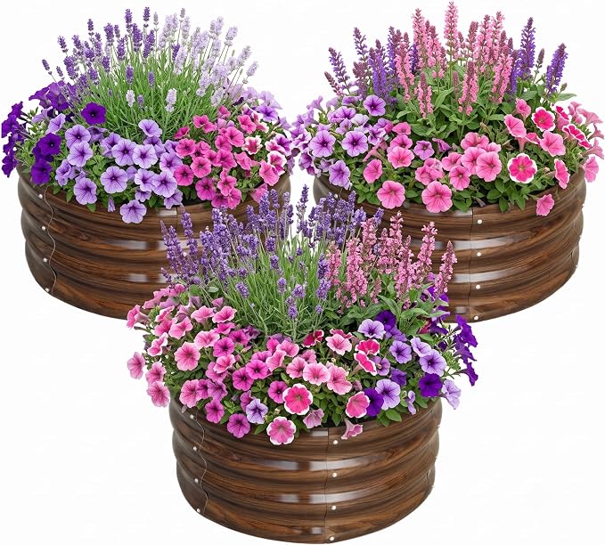 SnugNiture 3 Pcs 2x2x1ft Round Galvanized Raised Garden Bed Kit Outdoor, Metal Planter Box for Planting Plants Vegetables, Brown