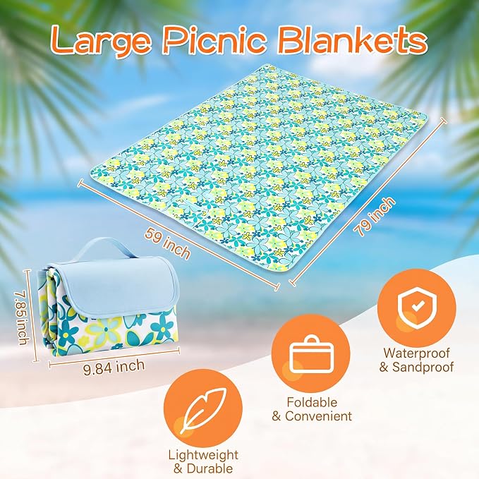 Shellwei 6 Pcs Beach Blankets Waterproof Sandproof Extra Large 80 x 60 Inch Outdoor Picnic Blankets Foldable Portable Beach Mat Tote Travel Supplies for Camping Park Grass (Blue Lily)