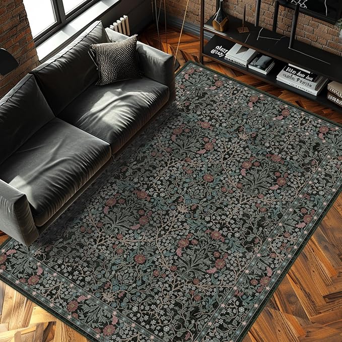 6x9 Washable Area Rugs for Living Room, Stain Resistant Vintage Rugs for Dining Room Under Kitchen Table, Bedroom, Floral Low Pile Non-Slip Large Carpet (6 x 9 Dark Green)