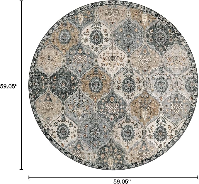 Lahome Moroccan Washable Round Rug 5ft, Soft Circle Rug for Dining Room | Office Vintage Bedroom Bathroom Entryway Distress Non Slip Low Pile Stain Resistant Accent Rug Elise, Grey