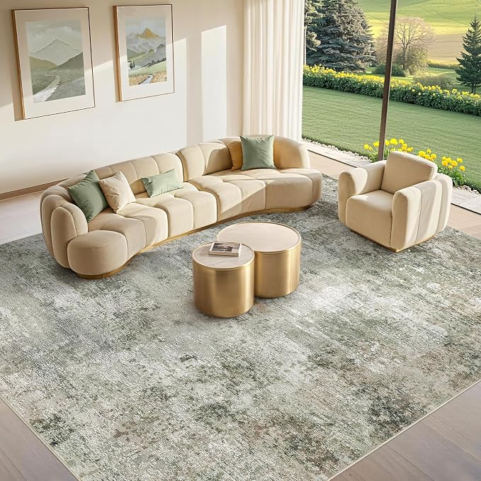 Tortania Area Rug Living Room Rugs - 10x14 Washable Large Soft Neutral Boho Moroccan Bohemian Farmhouse Rug Indoor Floor Carpet for Bedroom Under Dining Table Home Office Decor - Olive Brown