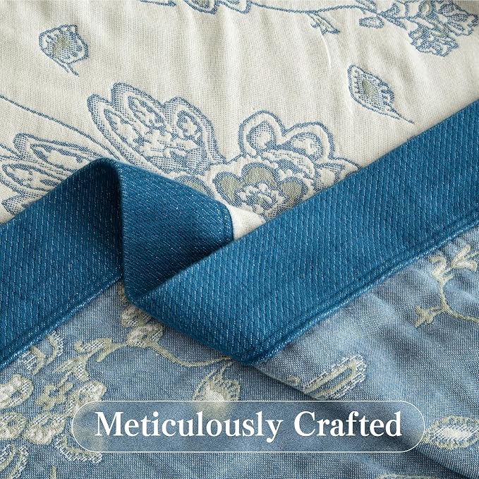 Phuryllic Boho Throw Blanket Twin Size, Soft Cozy Cotton Muslin Quilt Blanket for Bed Decor, Floral Patterned Couch Sofa Chair Cover, Vintage Farmhouse Cottage Tapestry Woven Blanket, Blue and White