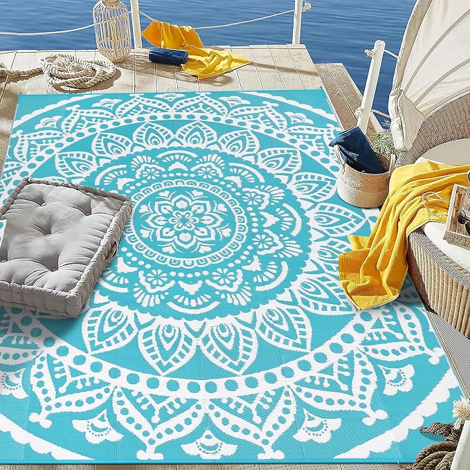 Bsmathom Waterproof Outdoor Rug 5'x8' Reversible Boho Plastic Straw Patio Deck Camping Rugs, Indoor Outdoor Portable RV Mat Clearance Carpet for Outside, Porch, Balcony, Backyard, Beach, Pool,Teal