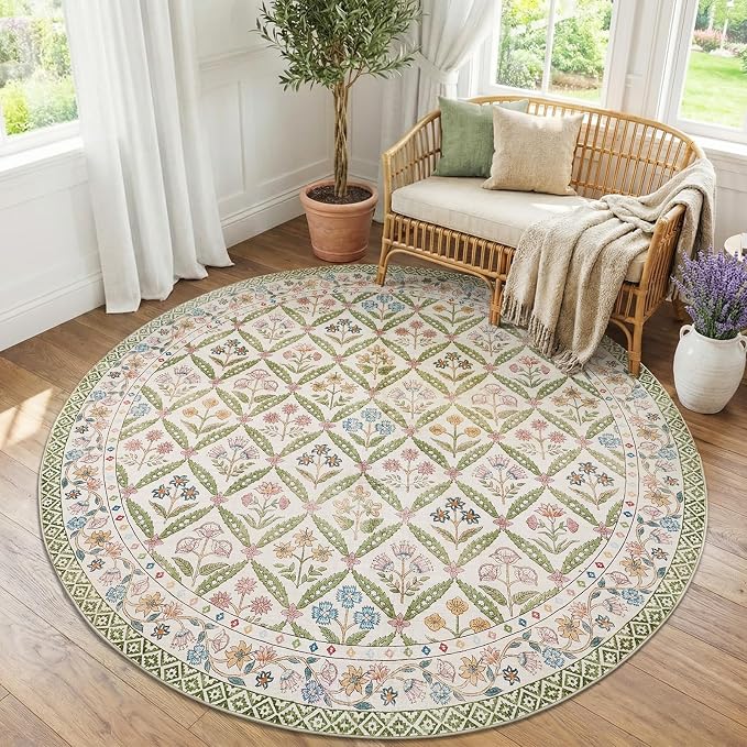 jinchan Round Rug 7ft Vintage Floral Washable Circle Area Rug, Sage Green | Soft & Lightweight, Checkered Floral, Low Pile, Non Slip, Dining Room, Living Room, Bedroom, Girls Room, Kids Room Decor