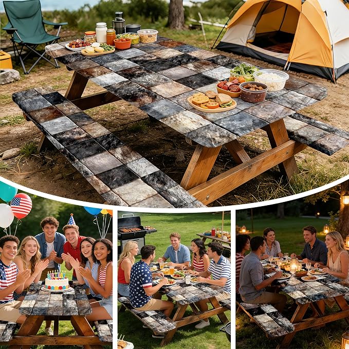 NYZE 3 Pieces Picnic Table Cover with Bench Covers Set, Camping Tablecloth, Tablecloth Cover with Drawstring Bag, Camping Essentials for Outdoor Picnics, Patio, BBQ (Stone Tile)