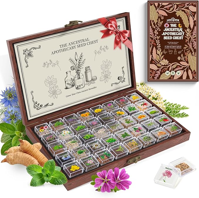 Lush&Dew Ancestral Apothecary Medicinal Tea Herb Seed Chest, 36,000+ Non-GMO Survival Seed Kit, Gardening Gifts for Women Men, 40 Types Heirloom Garden Seeds for Planting Herbs, Raised Bed Windowsill
